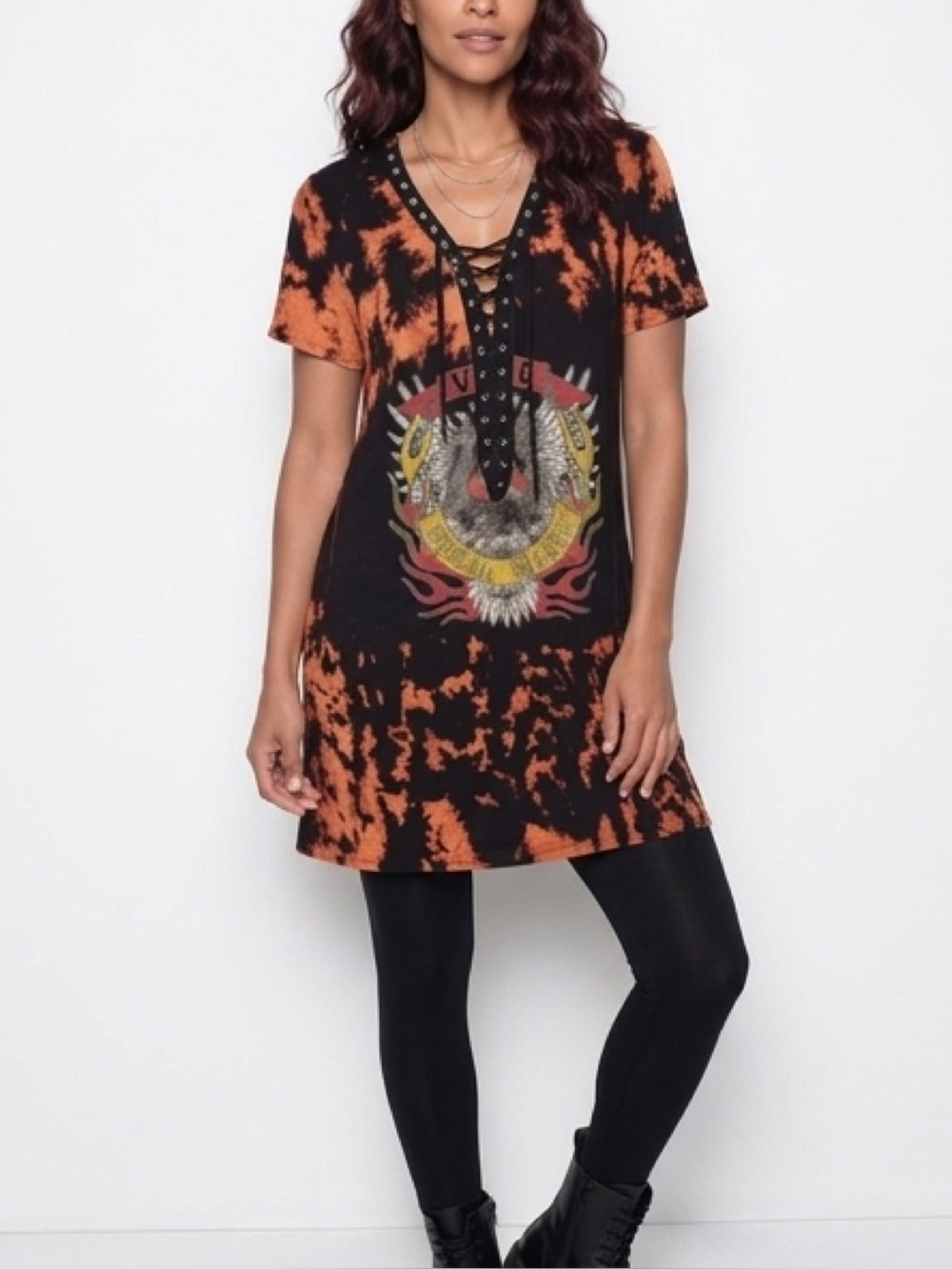 🌟 Better Be Black and Orange Tie-Dye Short Sleeves Women Tunic - Size M